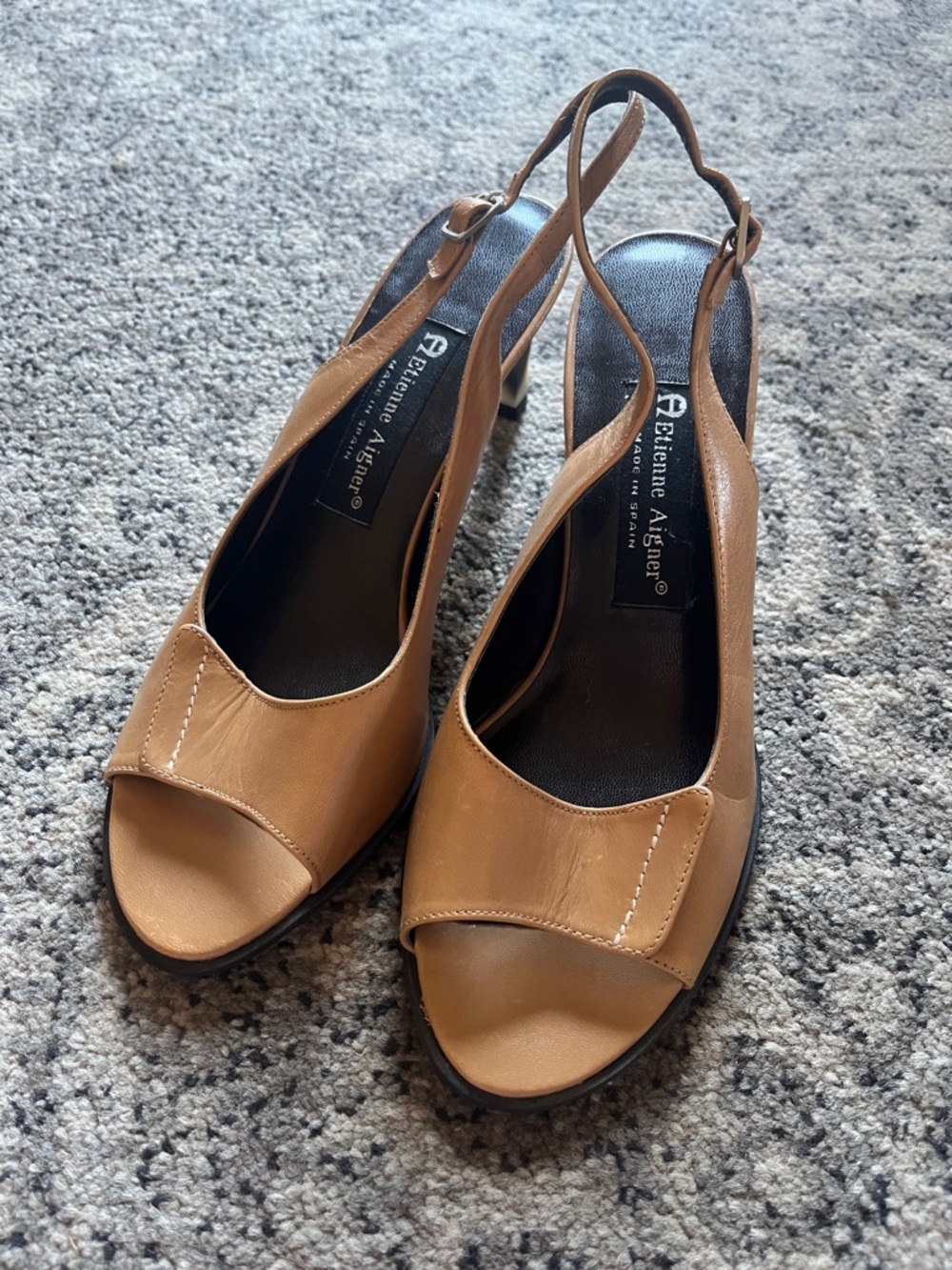 Etienne Aigner Tan Open-Toe Slingback Heels